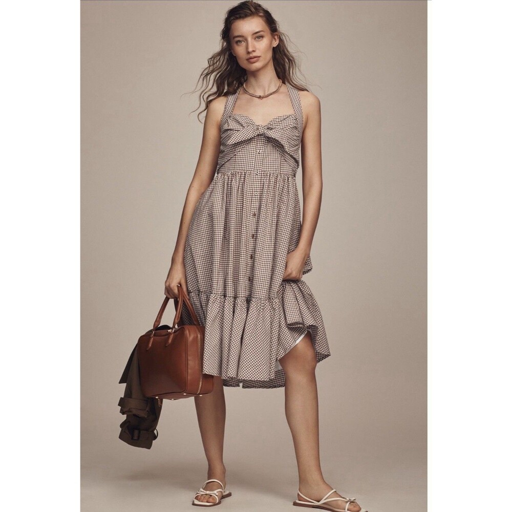 Anthropologie Maeve Midi Dress Brown Halter Bow Front Preppy Vacay Size XL NWT